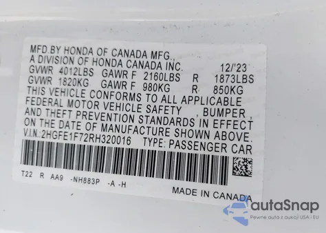 2024 Honda Civic Ex z USA, uszkodzony, nr VIN 2HGFE1F72RH320016